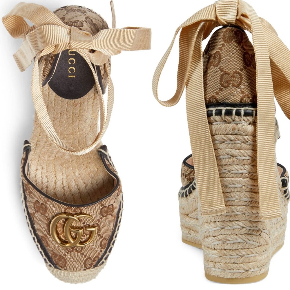 Authentic Gucci Pilar GG Ankle Tie Espadrille Platform Wedge